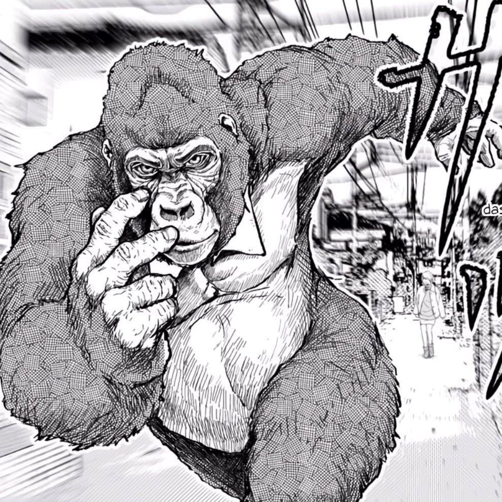 A manga drawing of a very handsome gorilla, dashing through the streets of Tokyo.