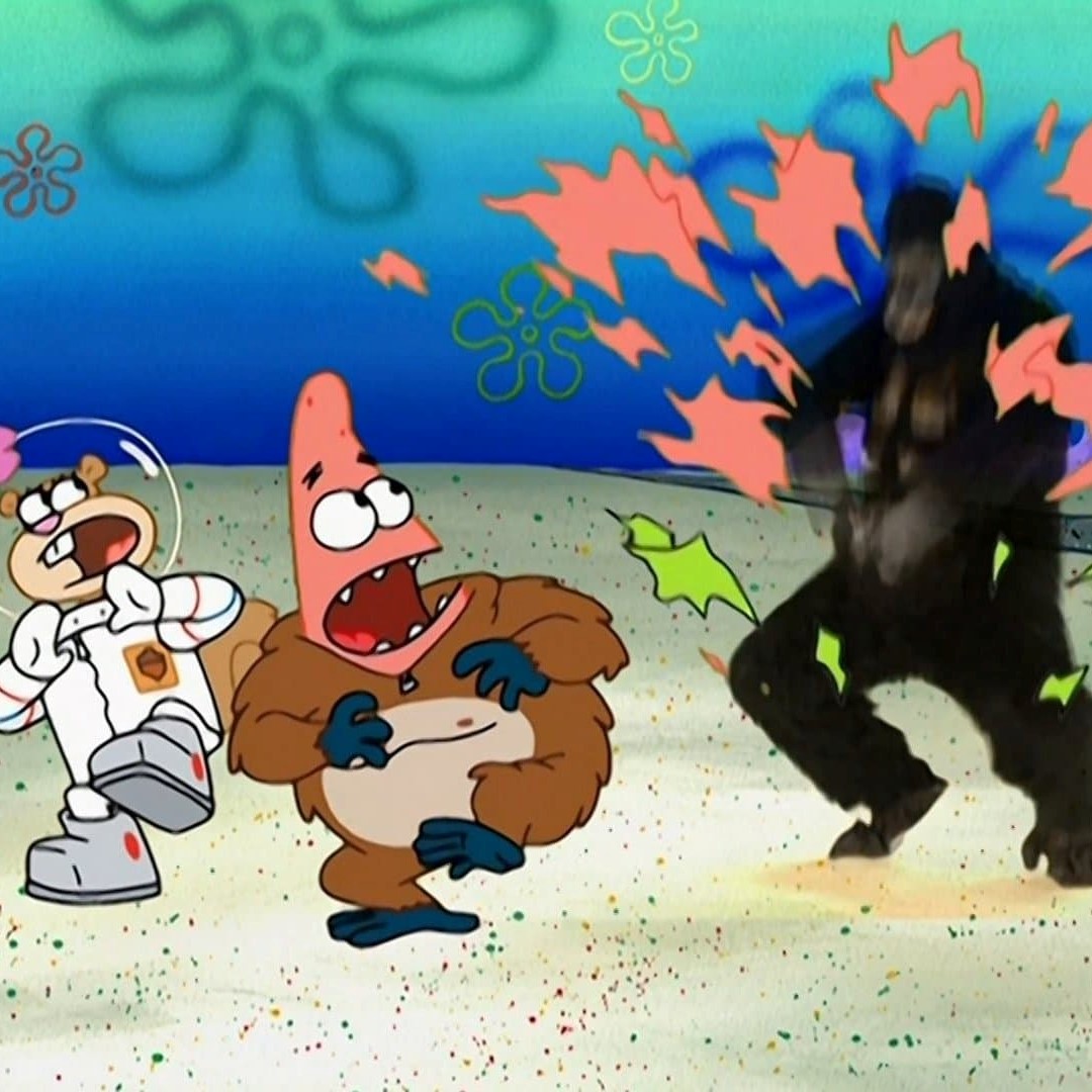 A screenshot of an episode of Spongebob where a man in a gorilla-suit comes out of his Patrick-suit, scaring Patrick and Sandy.