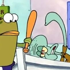 Squidward Tentacles from Spongebob Squarepants asking a customer to hit him in the head as hard as he can with a bat